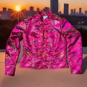 Vtg Old Navy Pink Brocade Mandarin Jacket Women’s S Satin Floral China Style